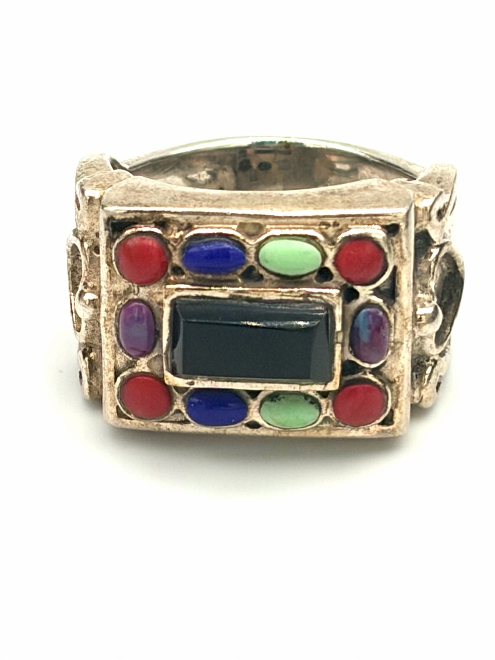 Vintage Multicolor Gemstone Statement Ring Sterling Silver- Onyx, Jasper, Lapis